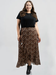 Plus Size Women Leopard Print Satin Frill Midi Skirt - Cowgirl Wear