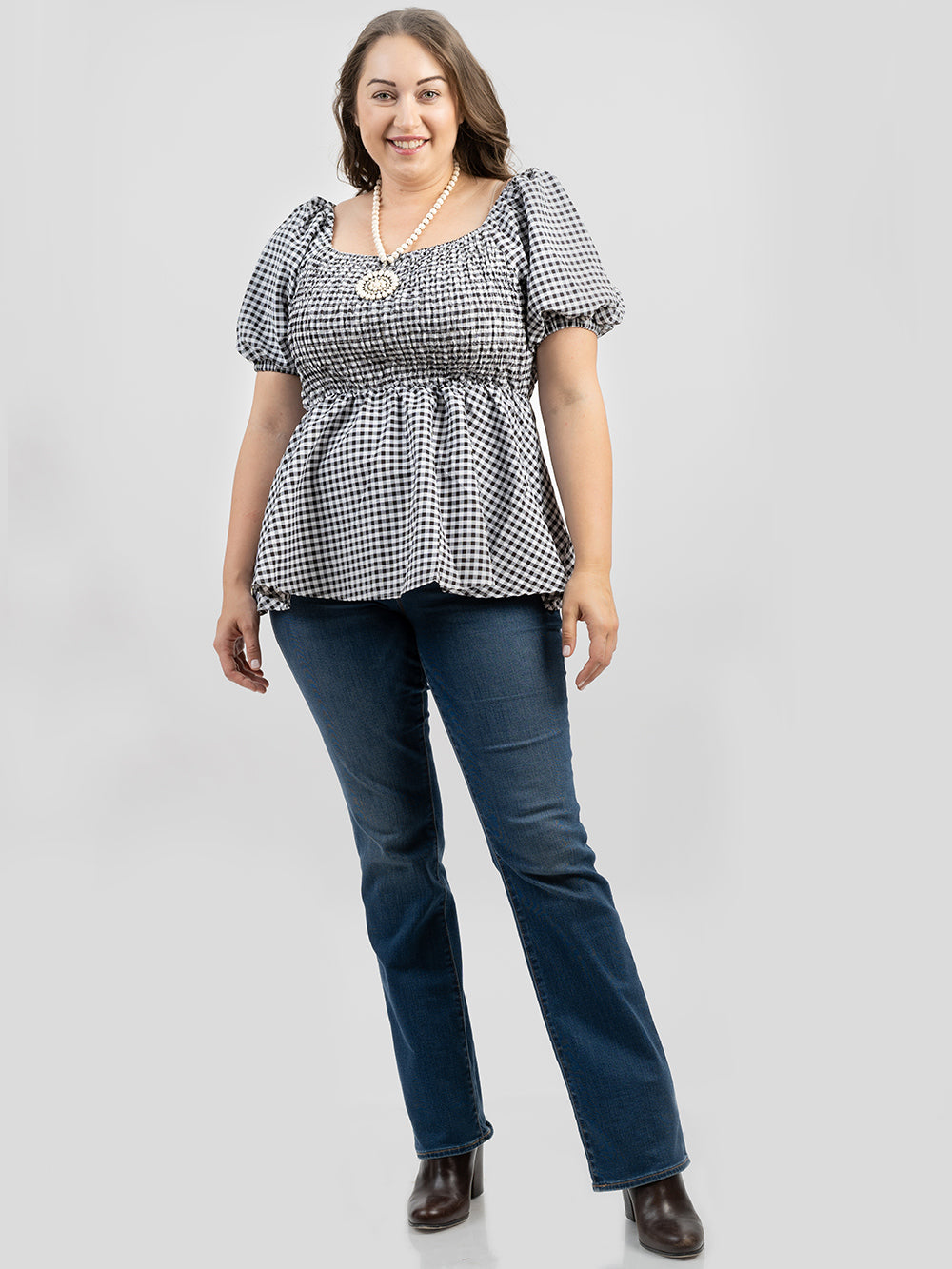 Plus Size Women's Gingham/Check Fabric Short Puff Sleeve Top - Cowgirl Wear
