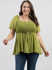 Plus Size Women Pearl Chiffon Ruched Tiered Short Puff Sleeve Top - Cowgirl Wear