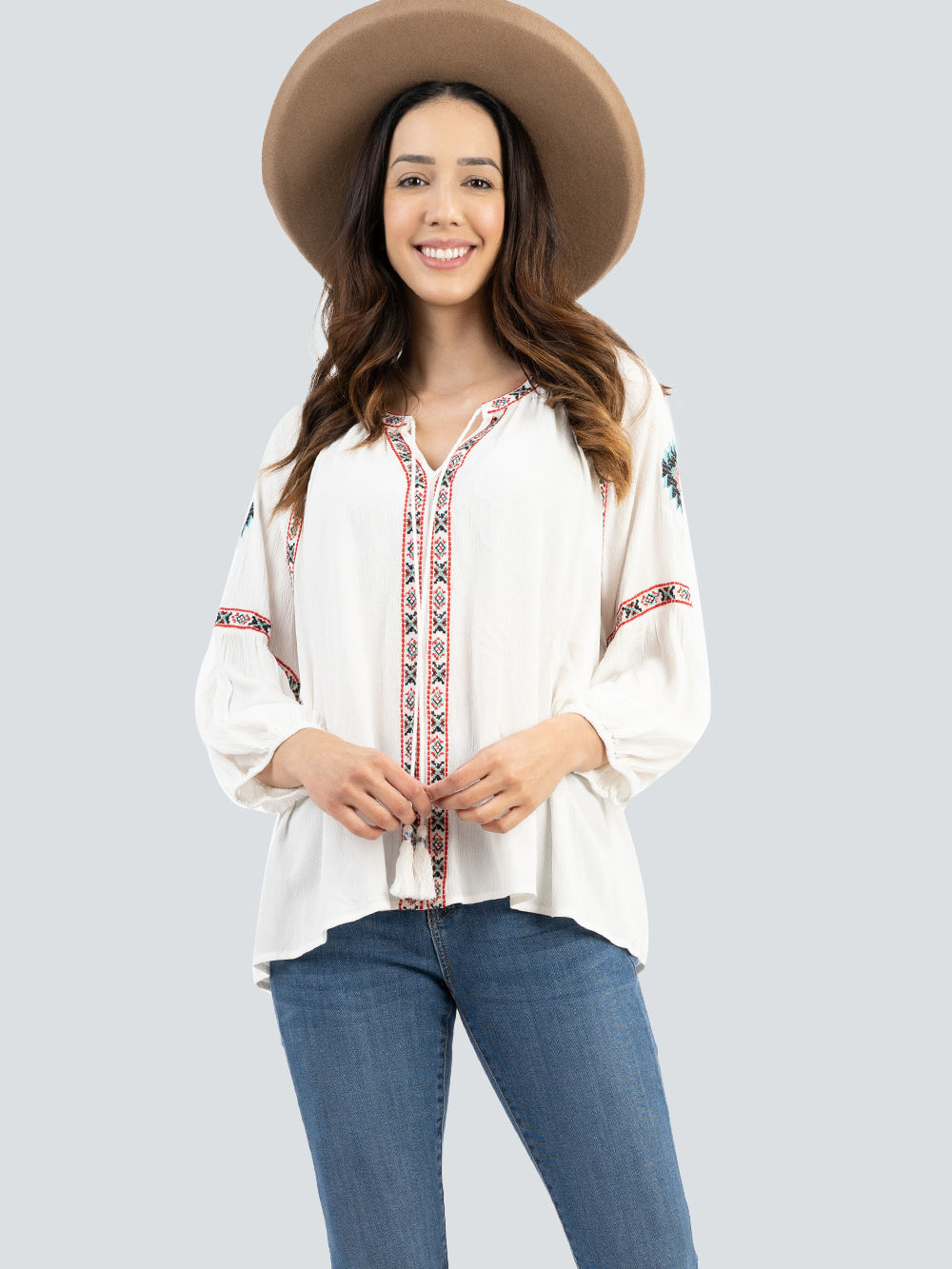 Women's Aztec Embroidered Collection Tie Neck Blouse - Cowgirl Wear