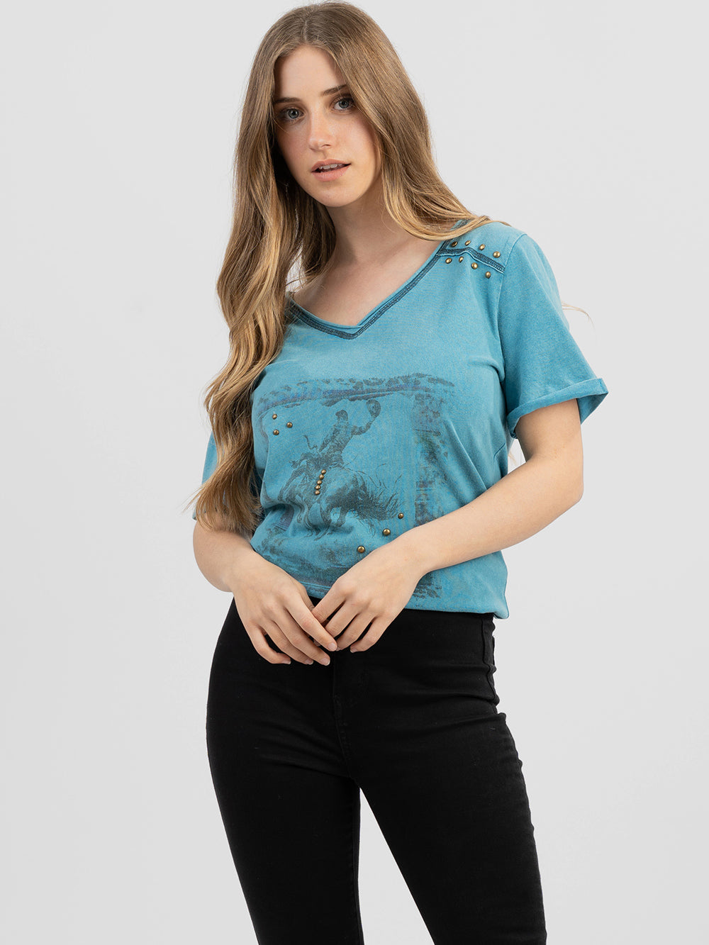Women's Mineral Wash Studded “Rodeo Horse” Graphic Short Sleeve Tee - Cowgirl Wear