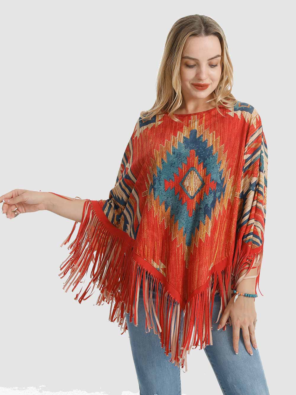 Montana West Red Aztec Fringe Poncho - Cowgirl Wear