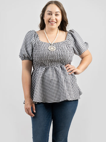Plus Size Women's Gingham/Check Fabric Short Puff Sleeve Top - Cowgirl Wear