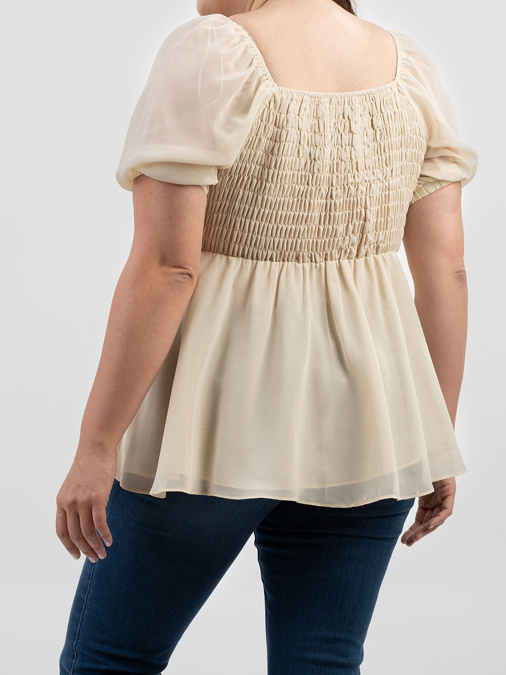 Plus Size Women Pearl Chiffon Ruched Tiered Short Puff Sleeve Top - Cowgirl Wear
