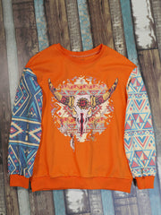 American Bling Women Vintage Bull Skull Aztec Style Sweatshirt - Cowgirl Wear