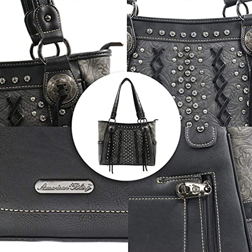 American Bling Floral Embossed Tote and Wallet Set-Black - Cowgirl Wear