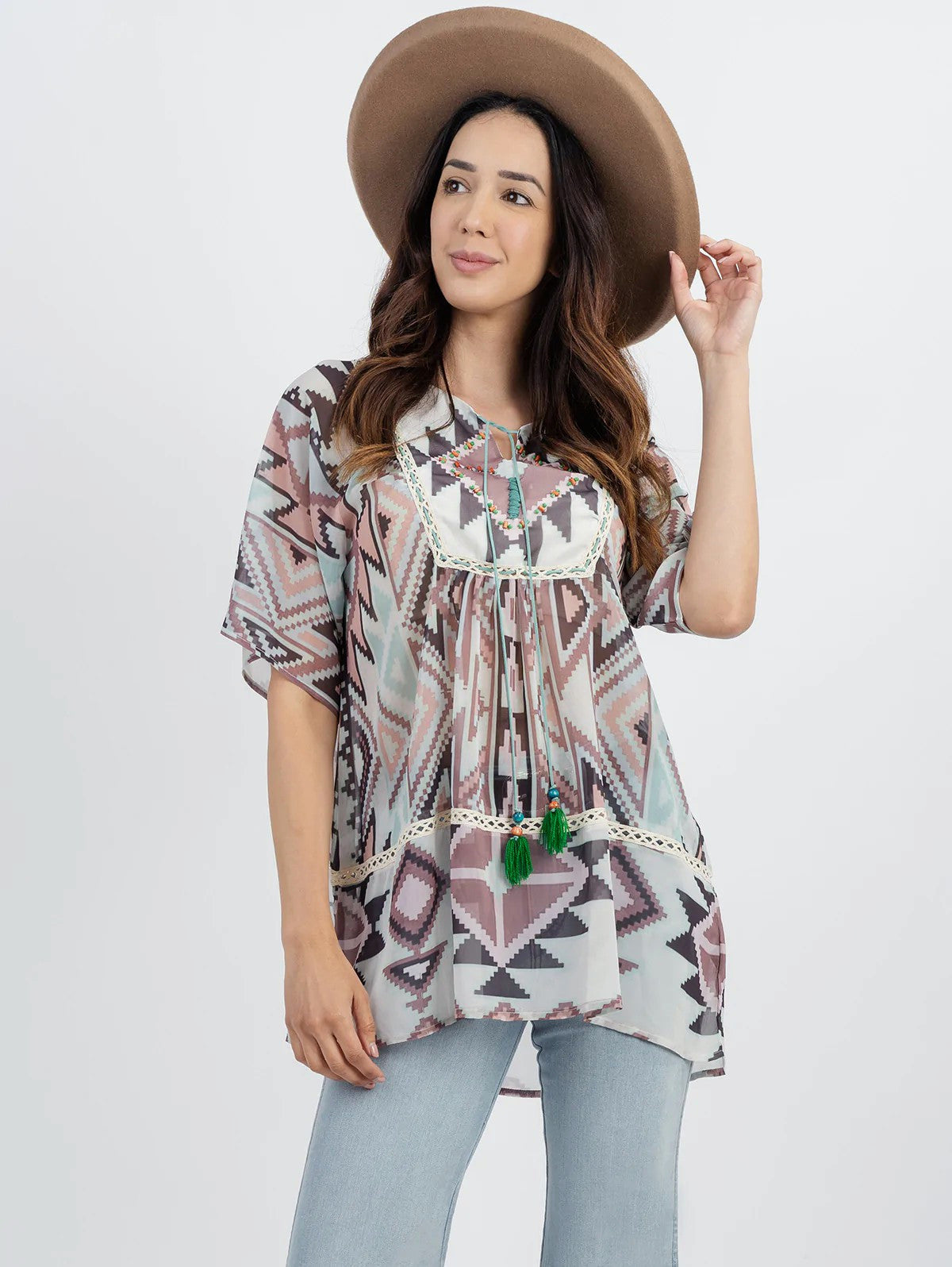 Women's Hand Seeded Beads “Aztec” Graphic Short Sleeve Blouse - Cowgirl Wear