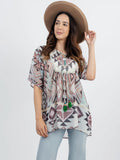 Women's Hand Seeded Beads “Aztec” Graphic Short Sleeve Blouse