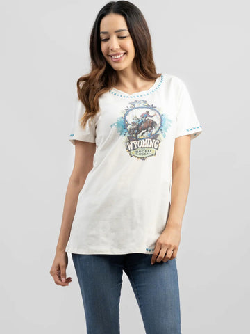 Women's Mineral Wash Wyoming Rodeo Capttal Graphic Short Sleeve Tee - Cowgirl Wear