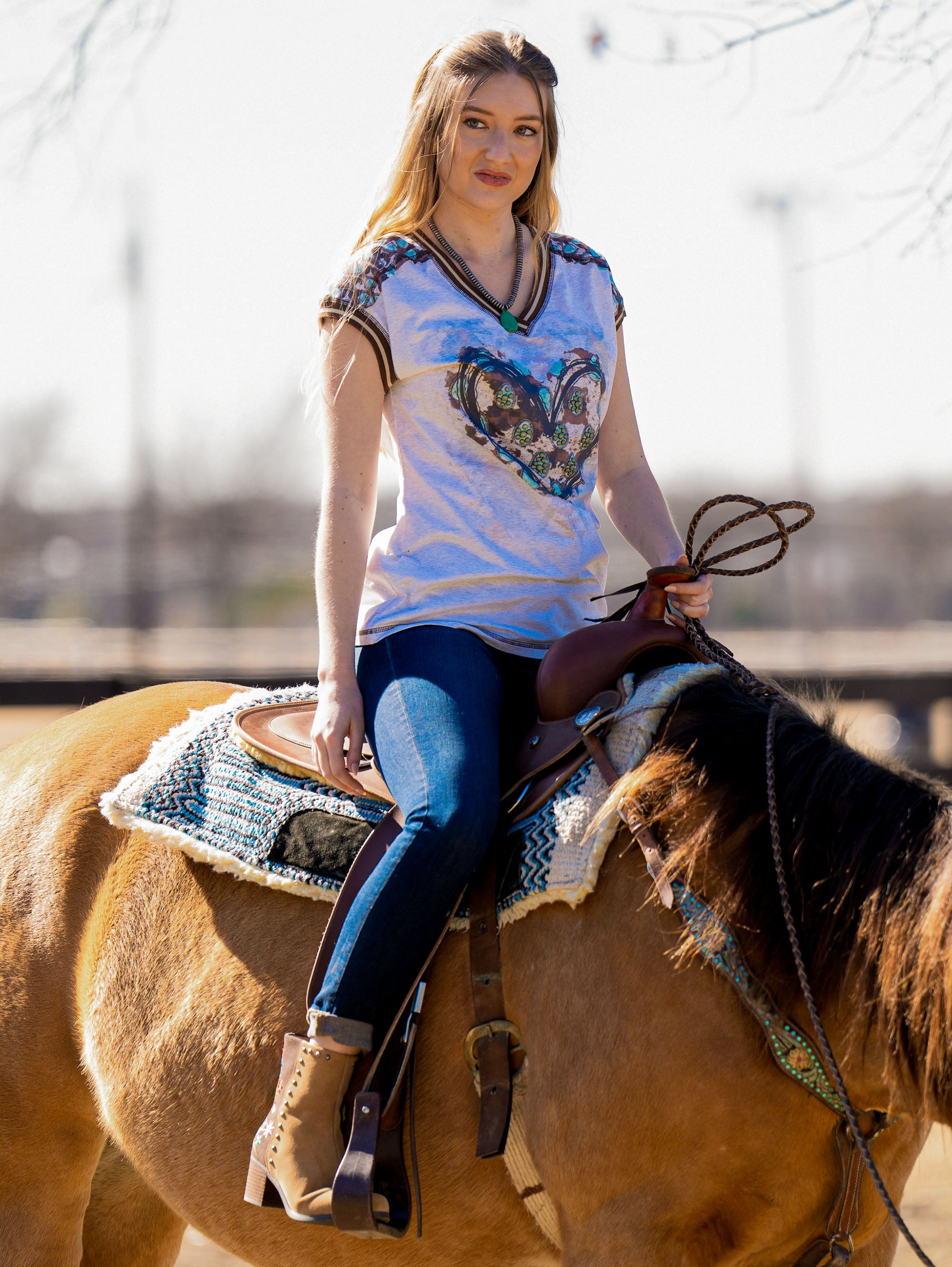 Women's Mineral Wash Contrast Stitched Studded Heart Graphic Short Sleeve Tee - Cowgirl Wear