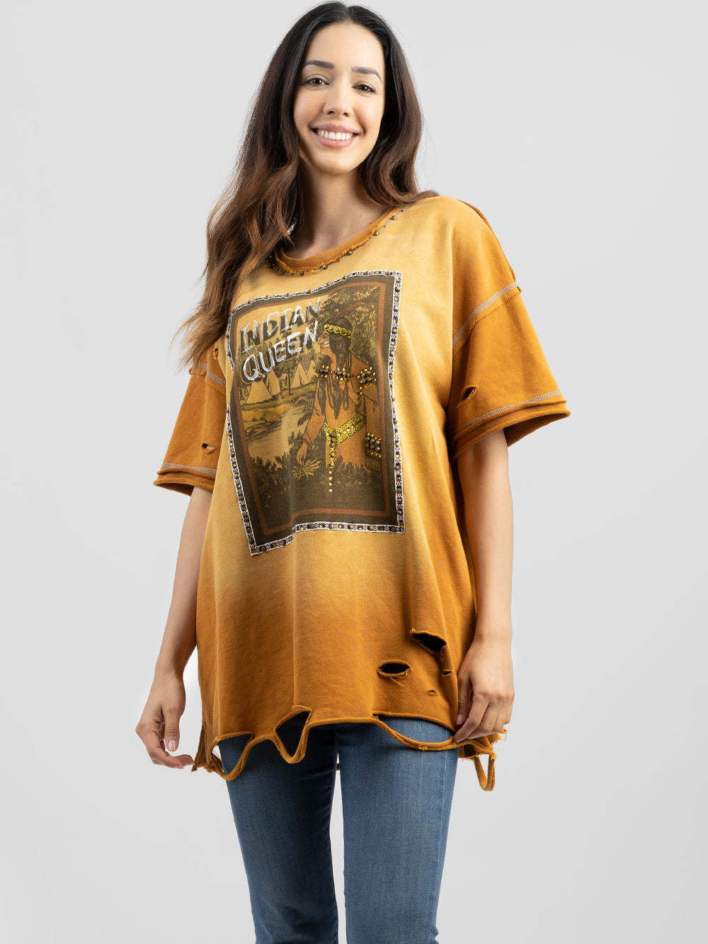 Women's Mineral Wash Abrasion "INDIAN QUEEN" Graphic Short Sleeve Shirt - Cowgirl Wear