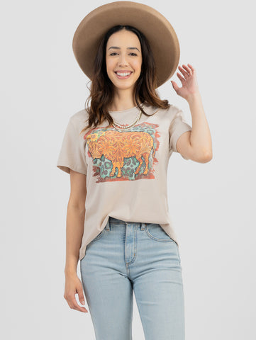 Women's Mineral Wash Buffalo Iconic Floral Graphic Short Sleeve Tee - Cowgirl Wear