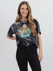 Women's Tie Dye "Wild Cow" Graphic Short Sleeve Relaxed Fit Tee - Cowgirl Wear