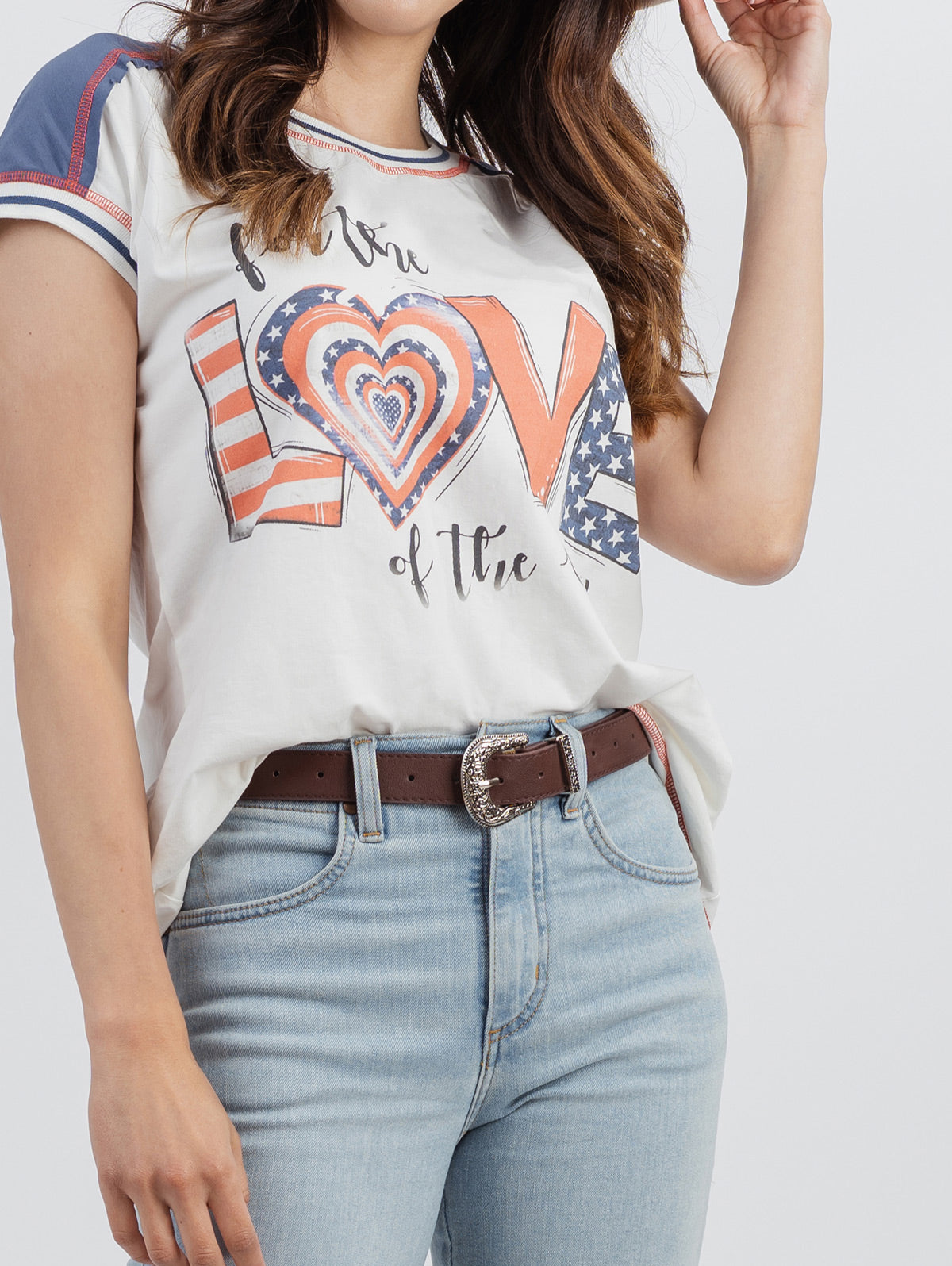 Women's Mineral Wash Contrast Stitched “Love” Graphic Patriot Short Sleeve Tee - Cowgirl Wear