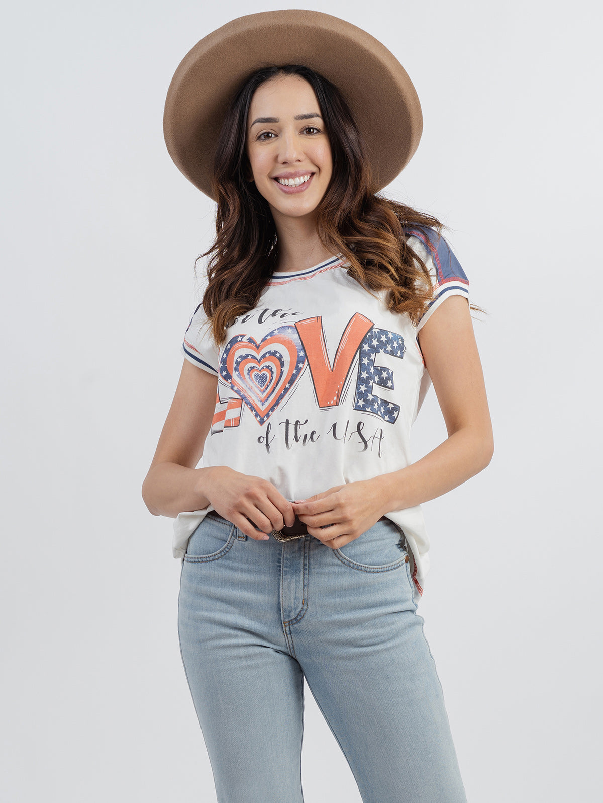 Women's Mineral Wash Contrast Stitched “Love” Graphic Patriot Short Sleeve Tee - Cowgirl Wear