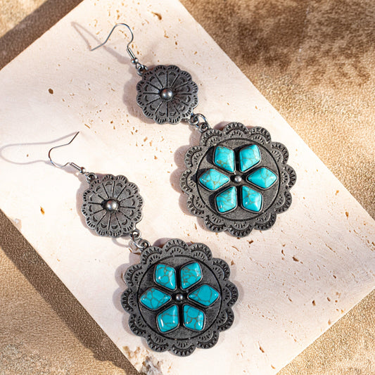 Rustic Couture's Navajo Silver/Bronze Concho with Natural Stone Dangle Earrings - Cowgirl Wear