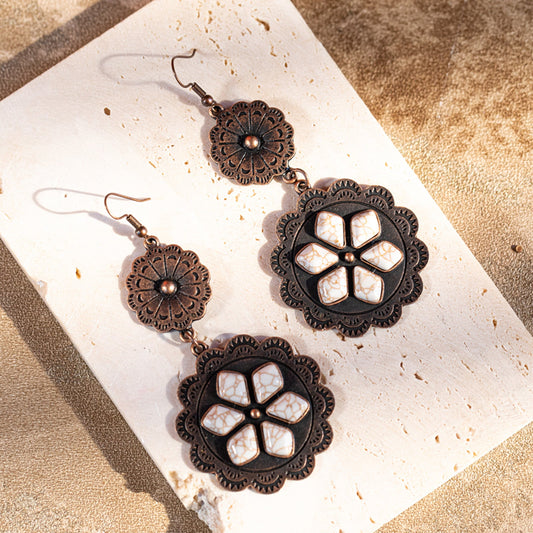 Rustic Couture's Navajo Silver/Bronze Concho with Natural Stone Dangle Earrings - Cowgirl Wear