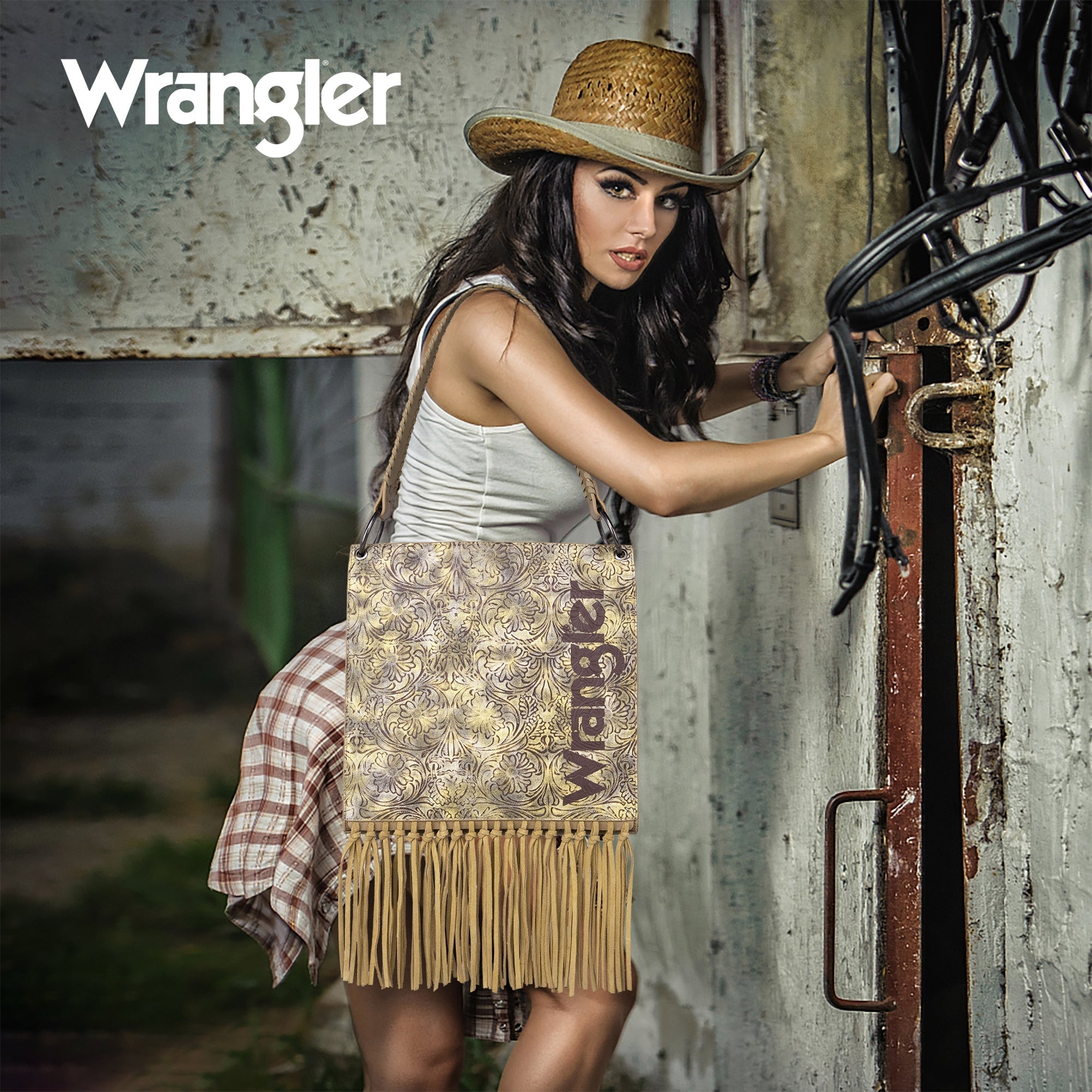 Wrangler Floral Embossed Fringe Concealed Carry Hobo/Crossbody - Brown - Cowgirl Wear
