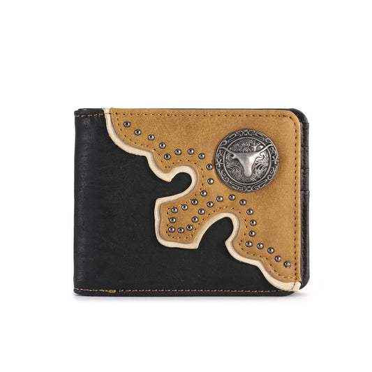 Color Block Longhorn Concho Men's Bifold PU Leather Wallet - Cowgirl Wear