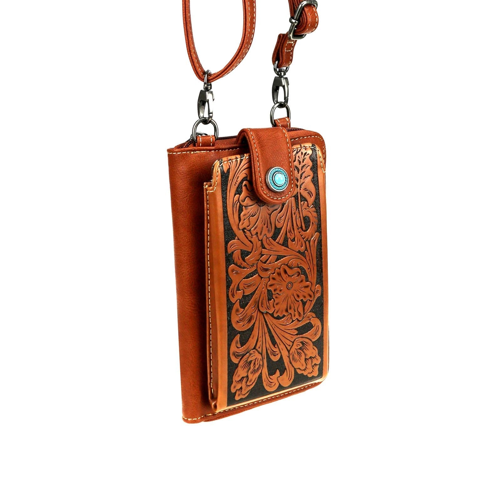 Montana West Western Tooled Phone Case Crossbody Wallet -Brown - Cowgirl Wear