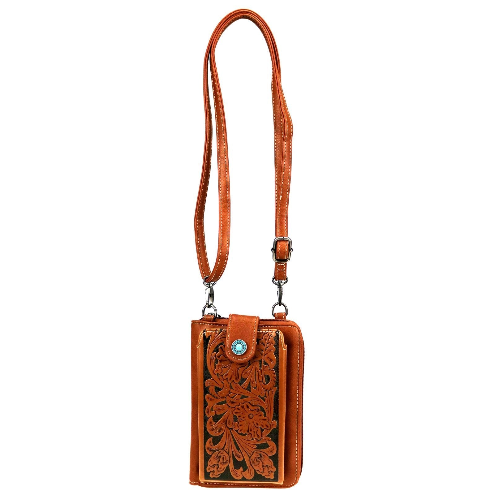 Montana West Western Tooled Phone Case Crossbody Wallet -Brown - Cowgirl Wear