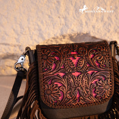 Montana West Genuine Leather Tooled Fringe Crossbody