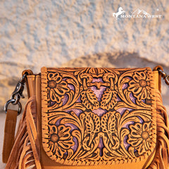 Montana West Genuine Leather Tooled Fringe Crossbody