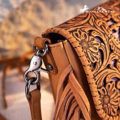 Montana West Genuine Leather Tooled Fringe Crossbody