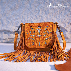 Montana West Genuine Leather Tooled Fringe Crossbody