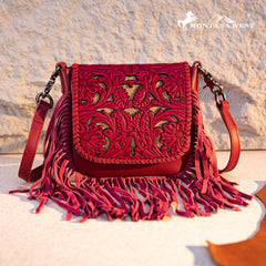 Montana West Genuine Leather Tooled Fringe Crossbody