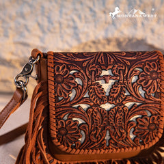 Montana West Genuine Leather Tooled Fringe Crossbody