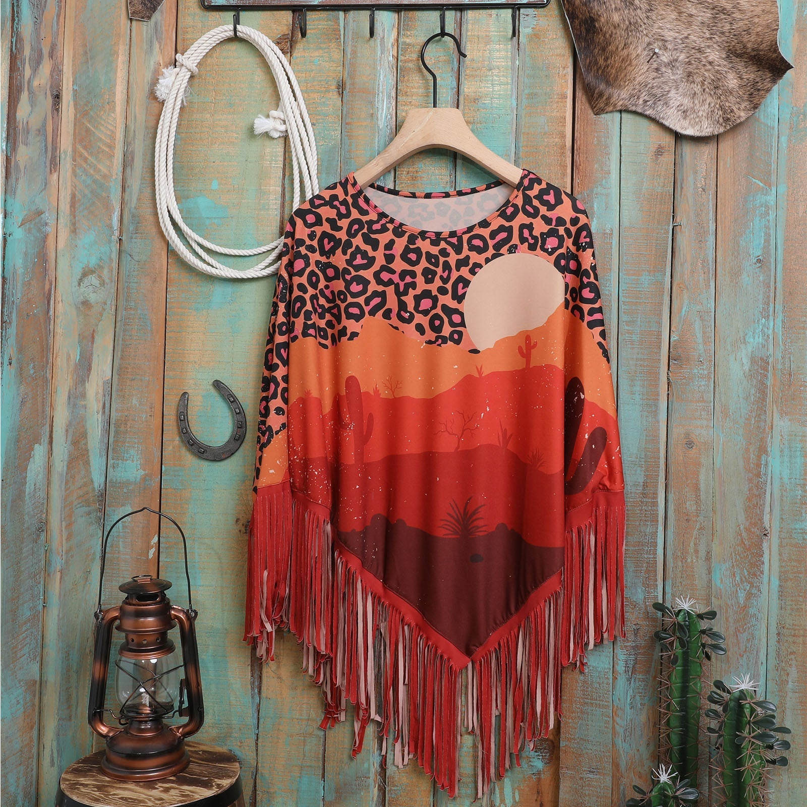 Montana West Orange Desert Sunset Print Fringe Poncho - Cowgirl Wear