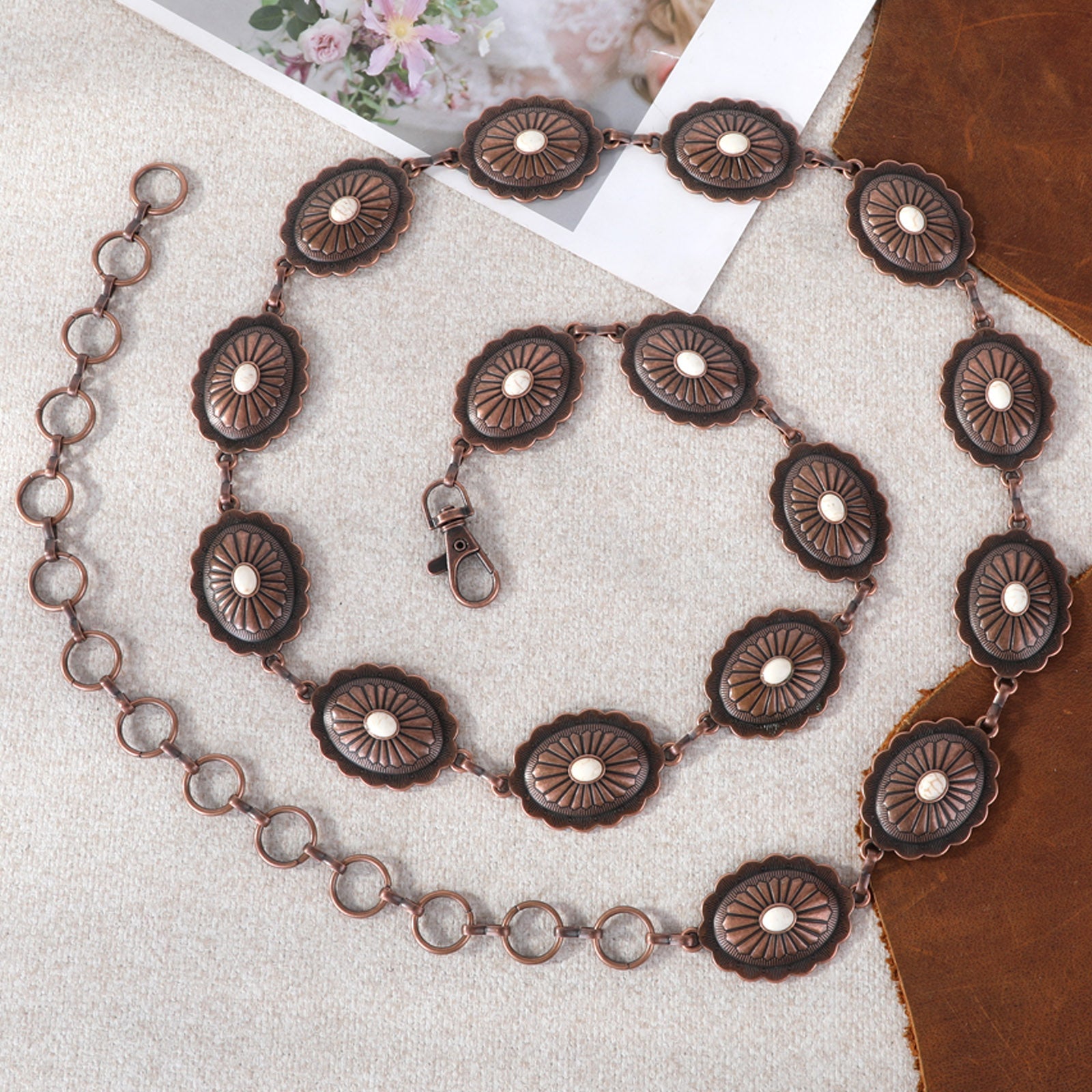 Rustic Couture Etched Silver/Bronze Oval Stone Centered Concho Link Chain Belt - Cowgirl Wear