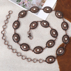 Rustic Couture Etched Silver/Bronze Oval Stone Centered Concho Link Chain Belt - Cowgirl Wear