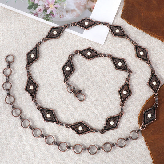 Rustic Couture Silver/Bronze Diamond Shape Etched Concho Link Chain Belt - Cowgirl Wear