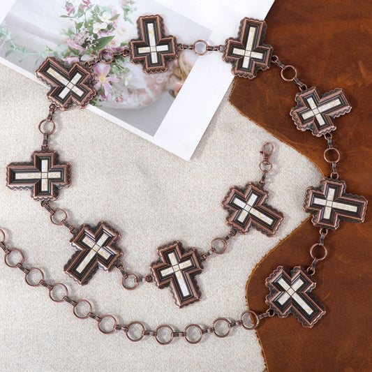 Rustic Couture Etched Cross Concho Link Chain Belt - Cowgirl Wear