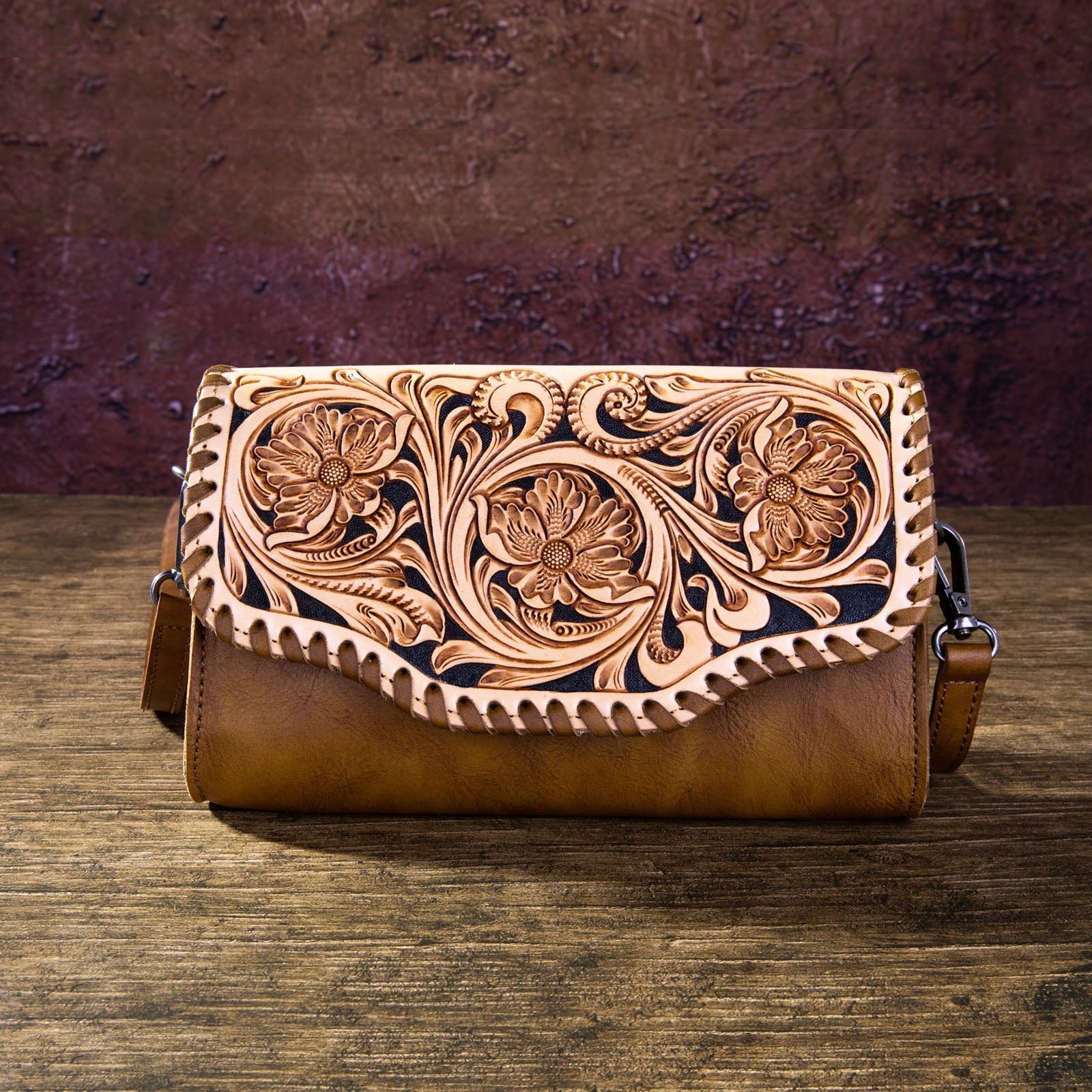 Genuine Leather Tooled Fringe Hip Clip Bag - Pink/Brown