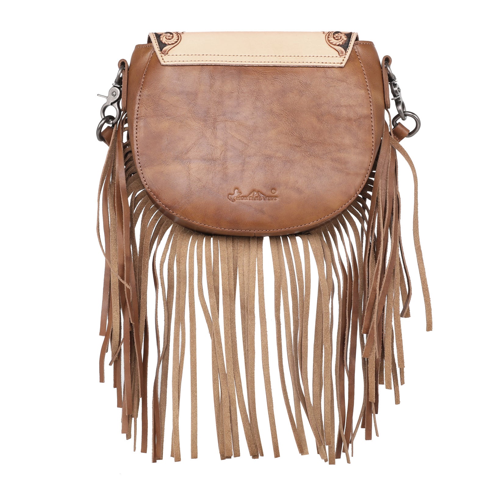 Montana West 100% Genuine Leather Hand Tooled Fringe Saddle Bag - Cowgirl Wear