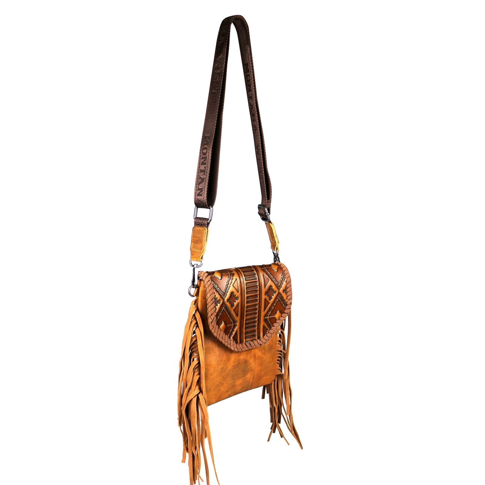 Genuine Leather Tooled Collection Fringe Crossbody Bag - Cowgirl Wear