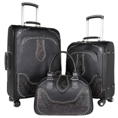 Montana West Tooled Leather Collection 3 PC Luggage Set-Black - Cowgirl Wear