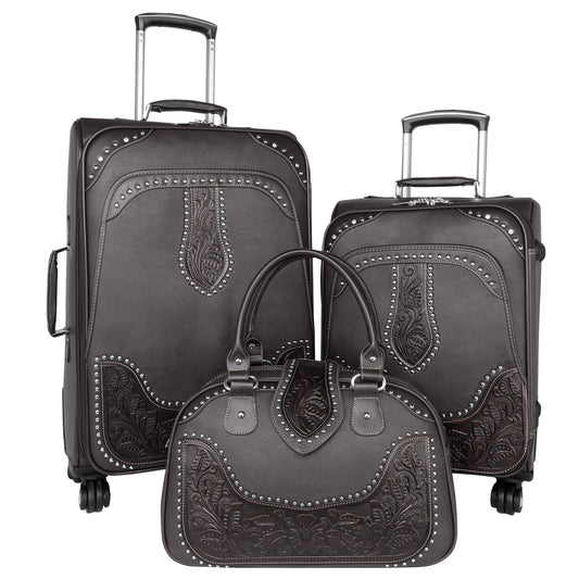 Montana West Tooled Leather Collection 3 PC Luggage Set-Coffee - Cowgirl Wear