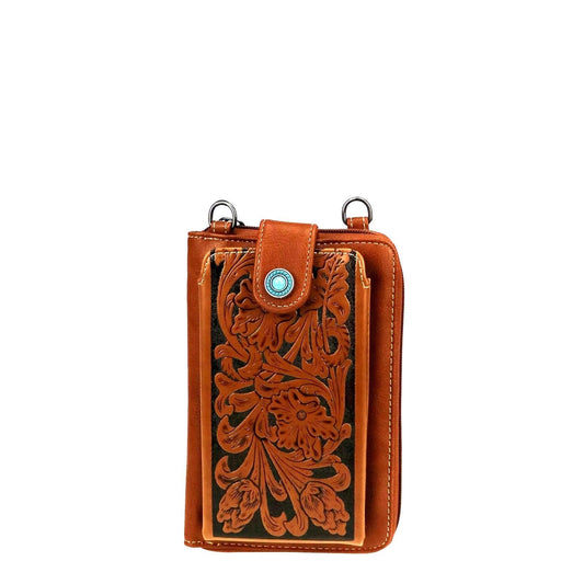 Montana West Western Tooled Phone Case Crossbody Wallet -Brown - Cowgirl Wear